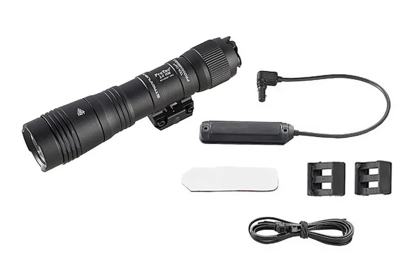 Streamlight ProTac 2.0 weapon light mounted on rifle showing USB-C charging port and body detail