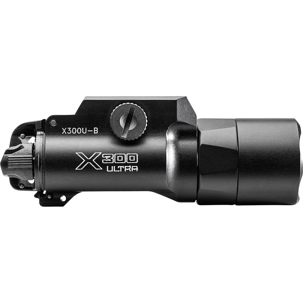 Side profile studio photo of a black SureFire X300U-B Ultra weapon light on a white background, showing the X300 Ultra rollmark, thumbscrew, and rail clamp