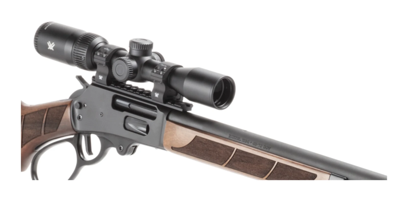 Close view of the Vortex Crossfire HD 2-7x32 mounted in Vortex Pro rings on the Model 1854 receiver rail, showing the flat-face trigger and large-loop lever