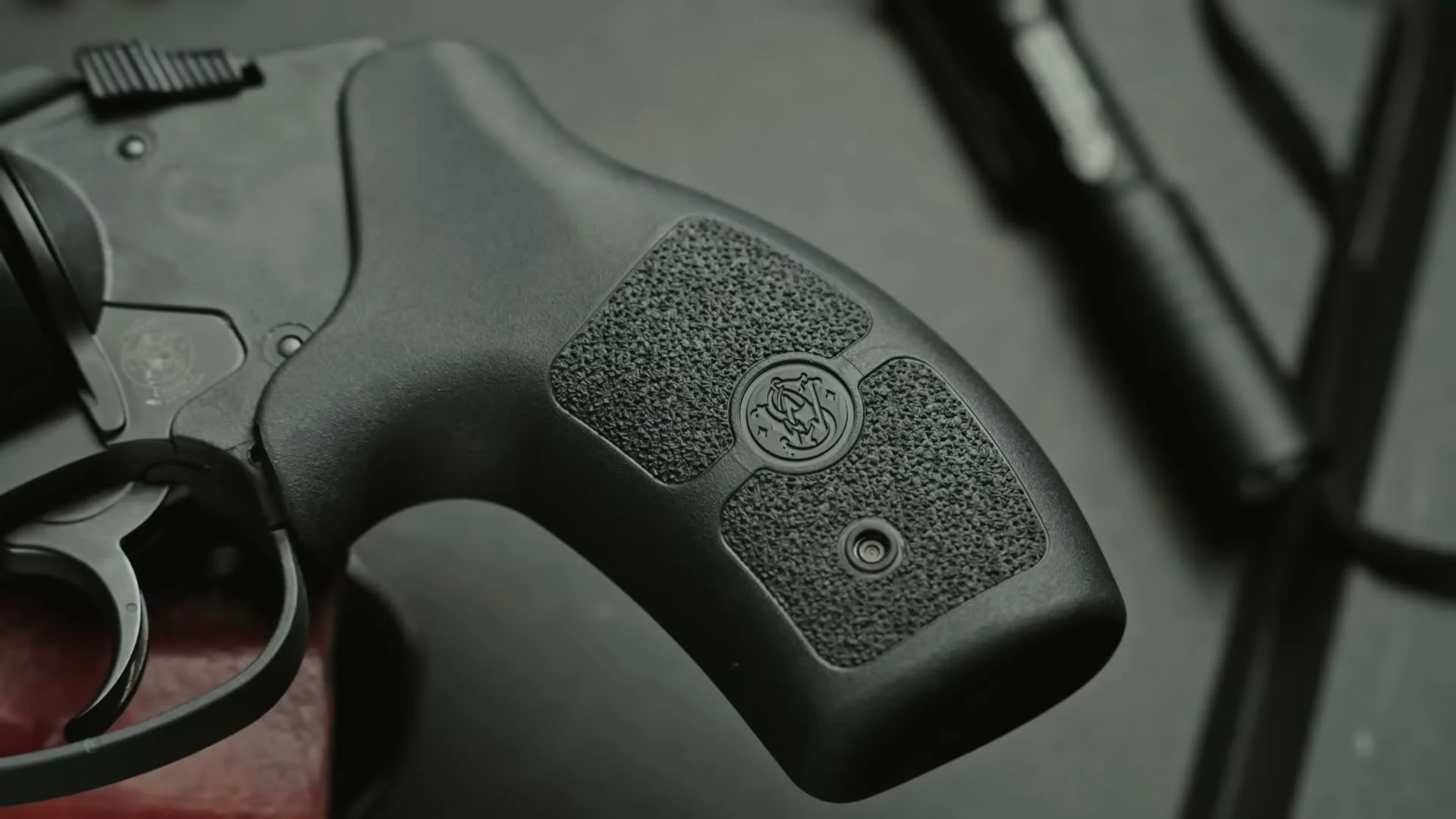 Smith & Wesson Bodyguard 2.0 Revolver grip detail showing the polymer grip module with S&W medallion and textured panels