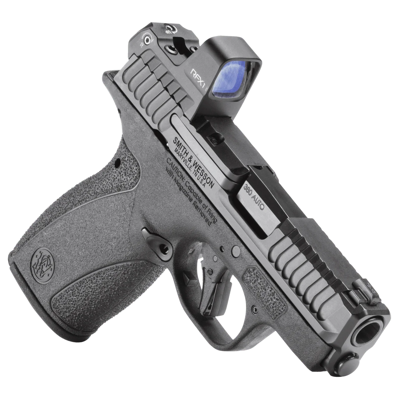 Smith & Wesson Bodyguard 2.0 NTS pistol with a Viridian RFX1 green dot mounted, shown from a three-quarter angle