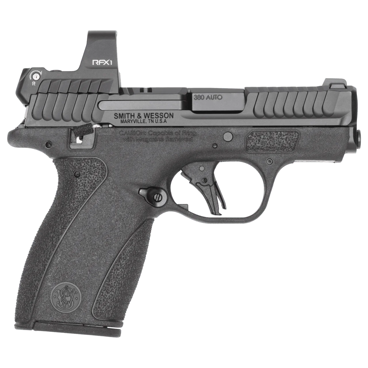 Left-profile view of the Smith & Wesson Bodyguard 2.0 TS pistol with the visible thumb safety lever and a Viridian RFX1 optic mounted