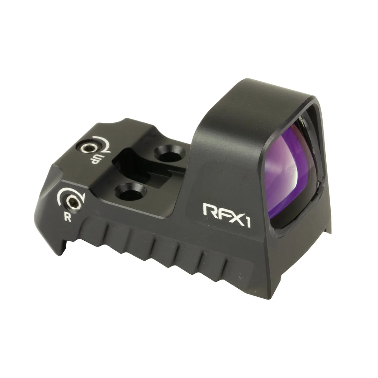 Close-up of the Viridian RFX1 green dot optic showing its integrated dovetail mounting base and windage and elevation adjustment turrets