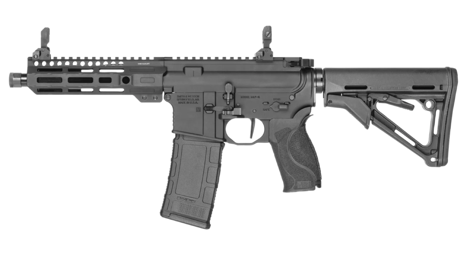 Smith & Wesson M&P15 AXE SBR 8-inch .300 Blackout left profile showing the Magpul CTR stock, M&P grip, folding sights, Midwest Industries M-LOK handguard, and threaded muzzle