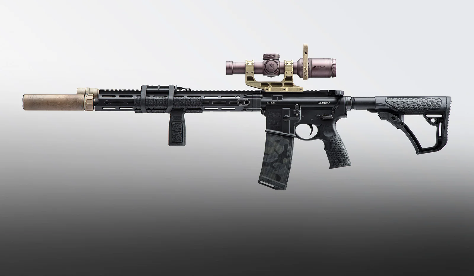 Complete suppressed AR-15 rifle with suppressor and LPVO optic