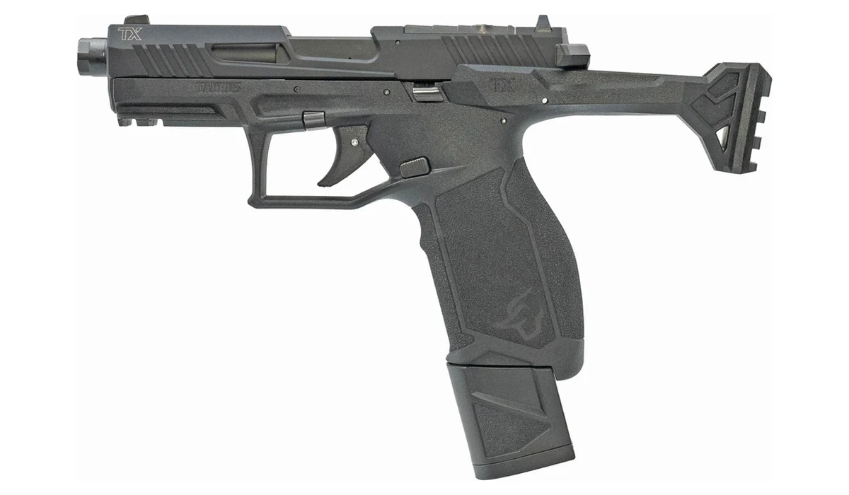 Brace-Ready Taurus TX22 without a brace, showing the Picatinny rail molded into the rear frame extension