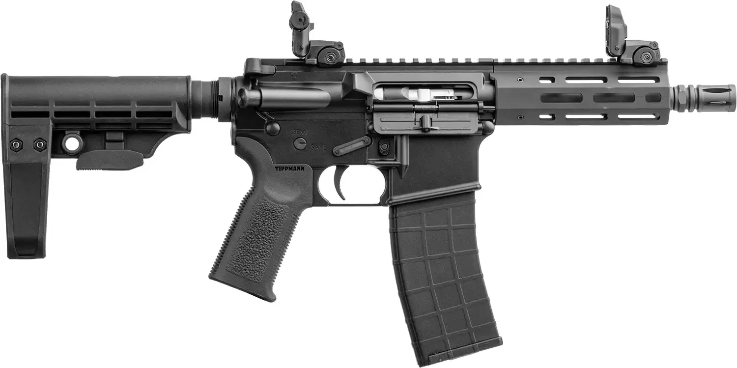Tippmann Arms M4-22 ELITE .22 LR AR-pattern pistol with pistol brace, M-LOK handguard, flip-up sights, and 25-round magazine
