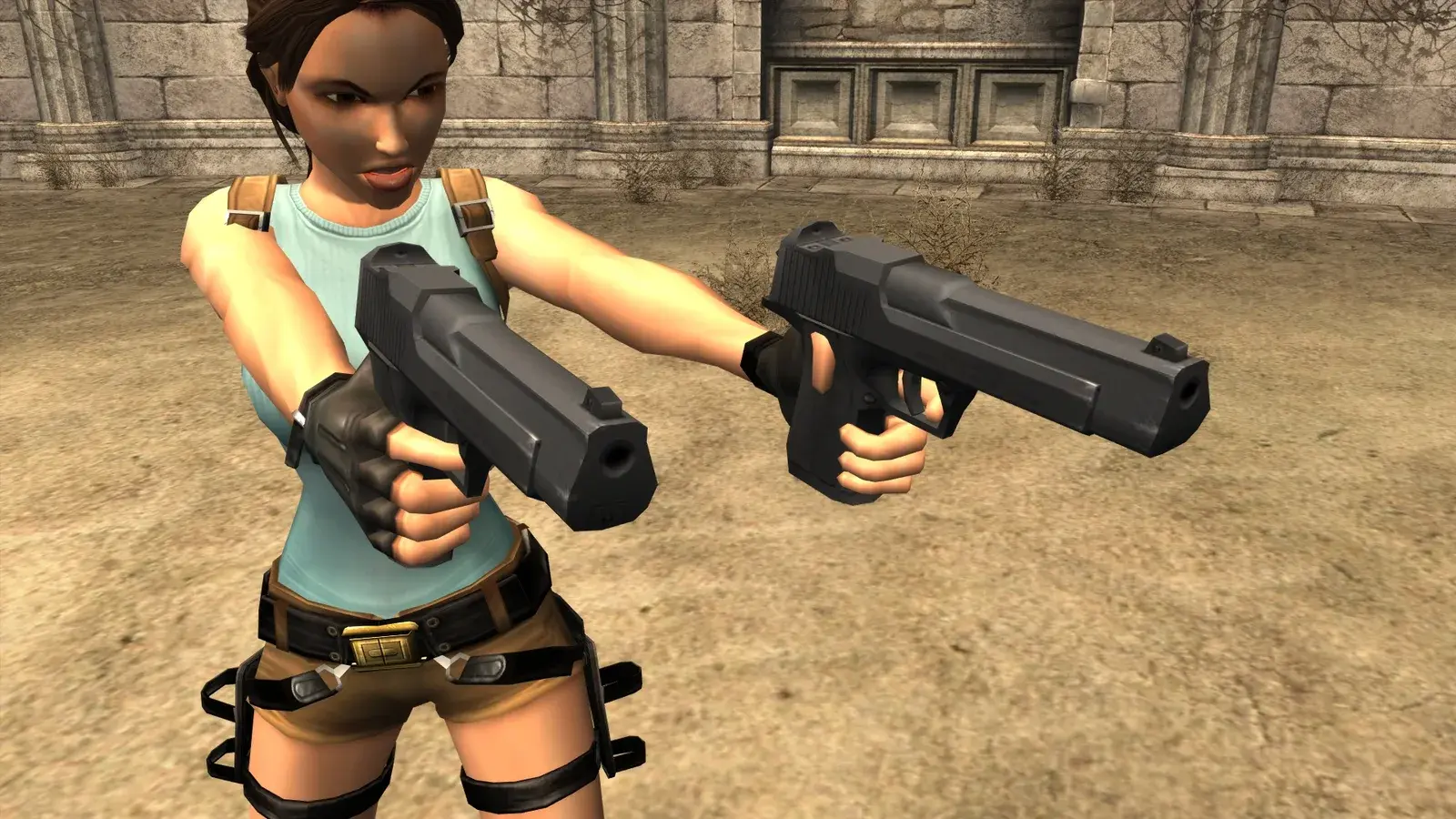 Lara Croft holding the oversized .50 Dual Pistols in Tomb Raider Anniversary