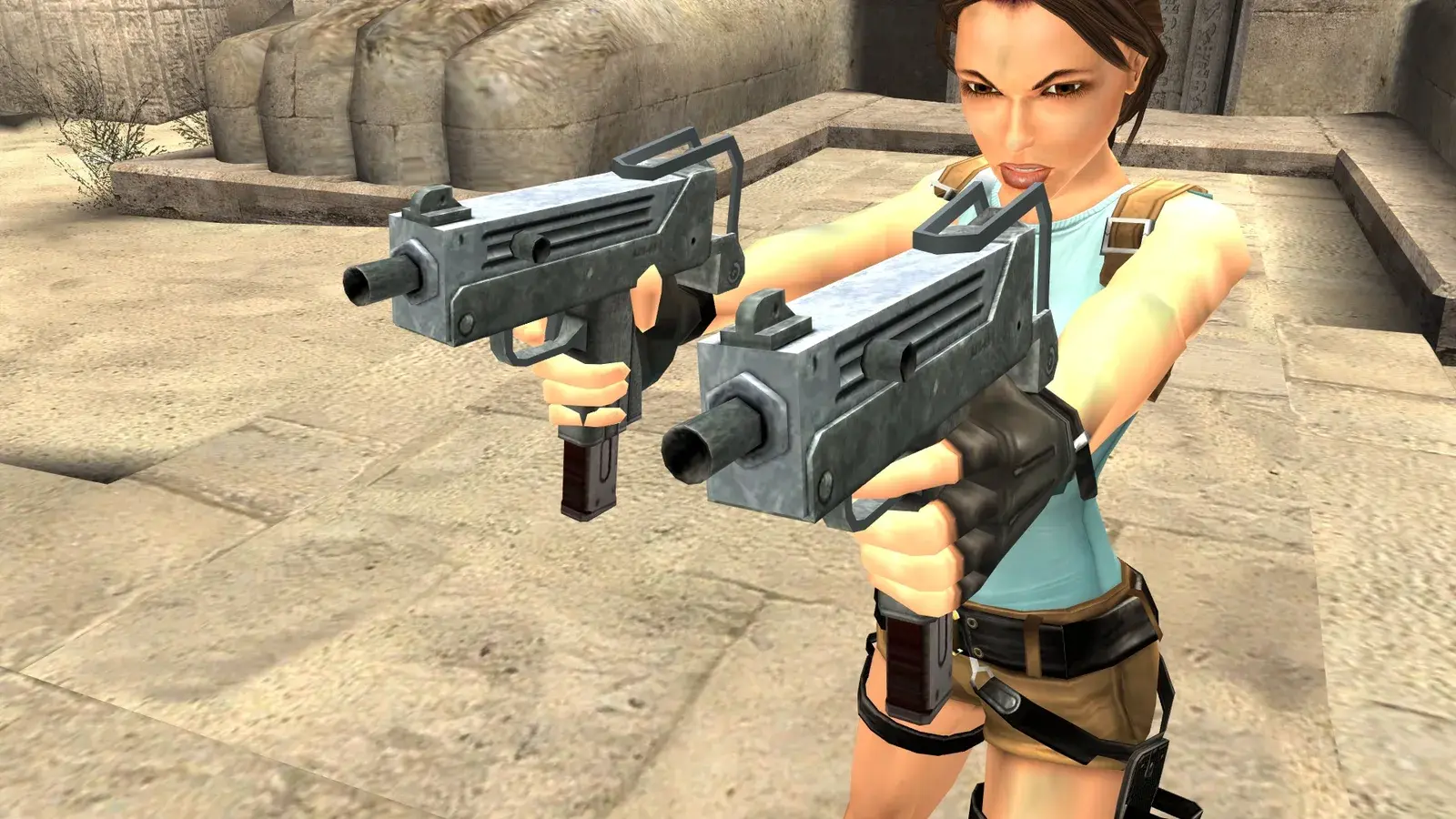 Lara Croft aiming the Dual Mini SMGs in Tomb Raider Anniversary
