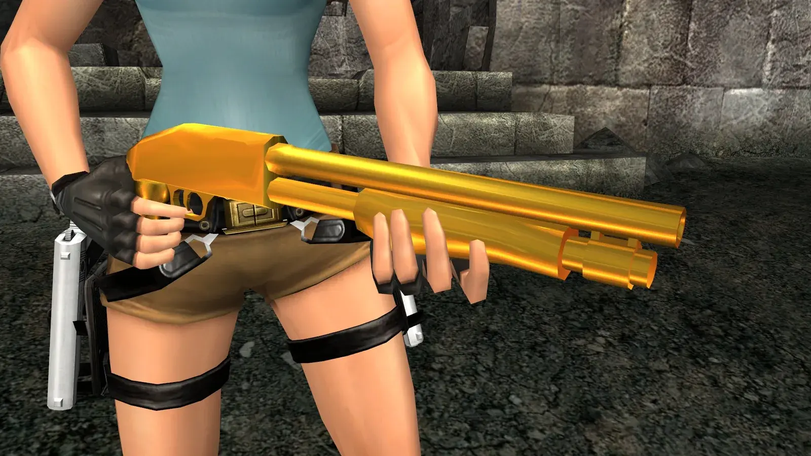 Lara Croft holding the unlockable Golden Shotgun in Tomb Raider Anniversary