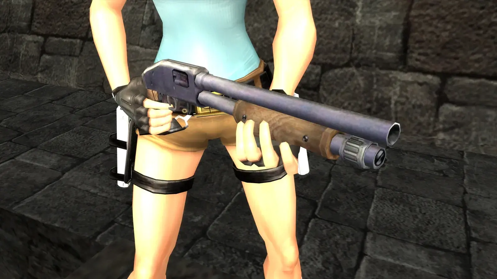 Lara Croft holding the pump-action Shotgun in Tomb Raider Anniversary