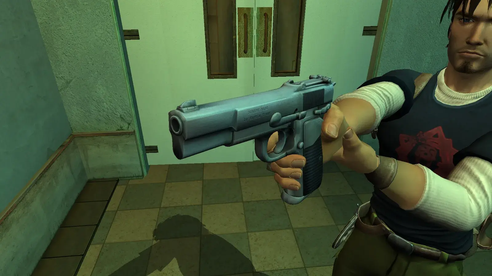 Kurtis Trent aiming the chrome Boran X pistol in The Angel of Darkness Remastered