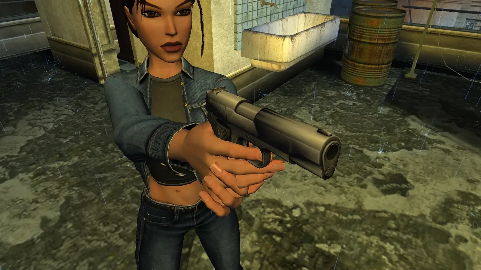 Lara Croft holding the silver M-V9 pistol in The Angel of Darkness Remastered