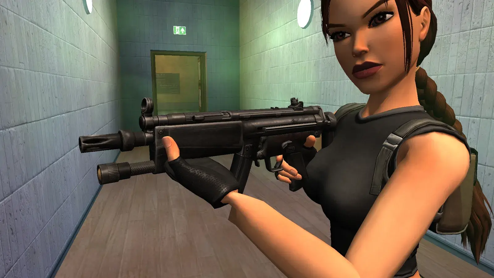 Lara Croft holding the Mag Vega submachine gun in The Angel of Darkness Remastered