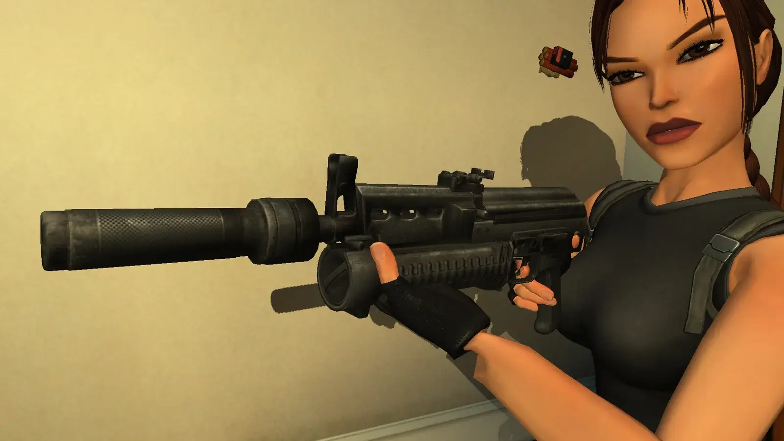 Lara Croft holding the suppressed Viper SMG in The Angel of Darkness Remastered