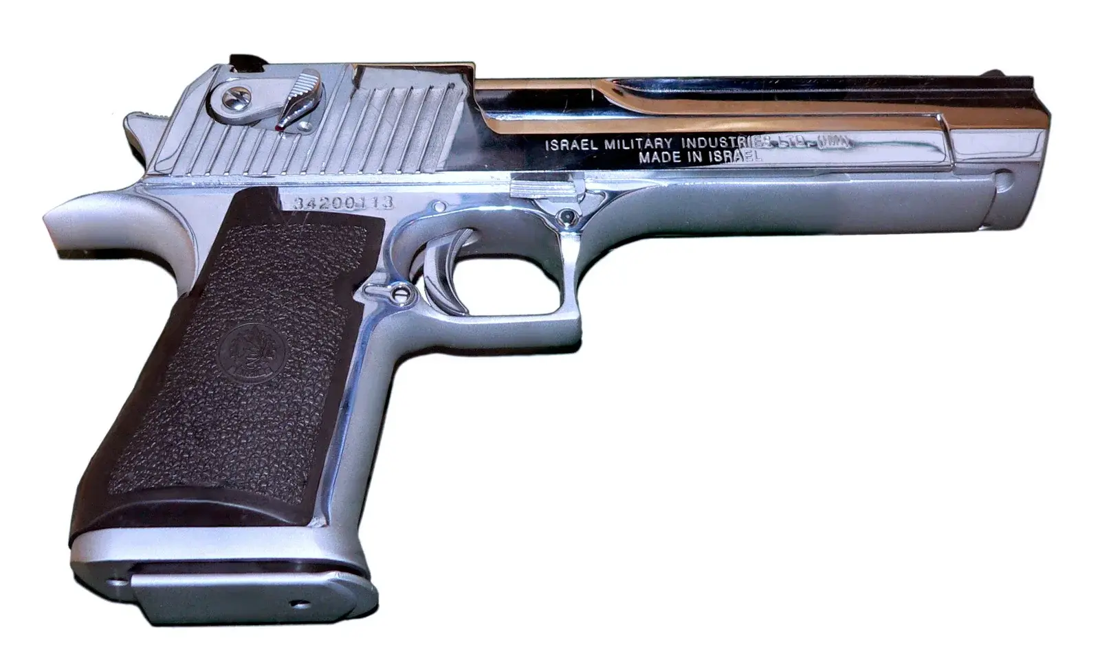 Stainless Desert Eagle pistol shown from the left side