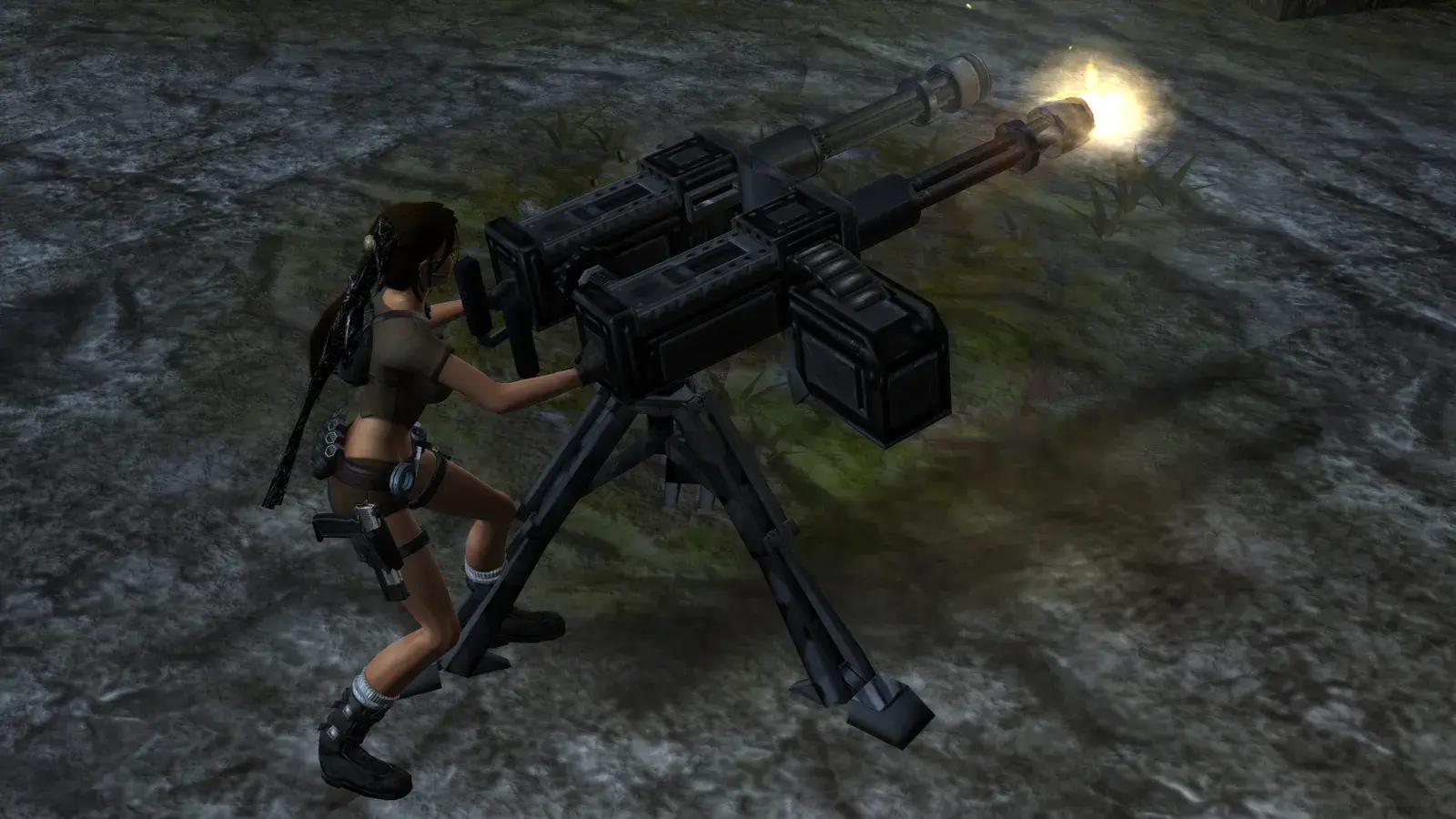 Lara Croft operating the dual-Minigun turret in Tomb Raider Legend