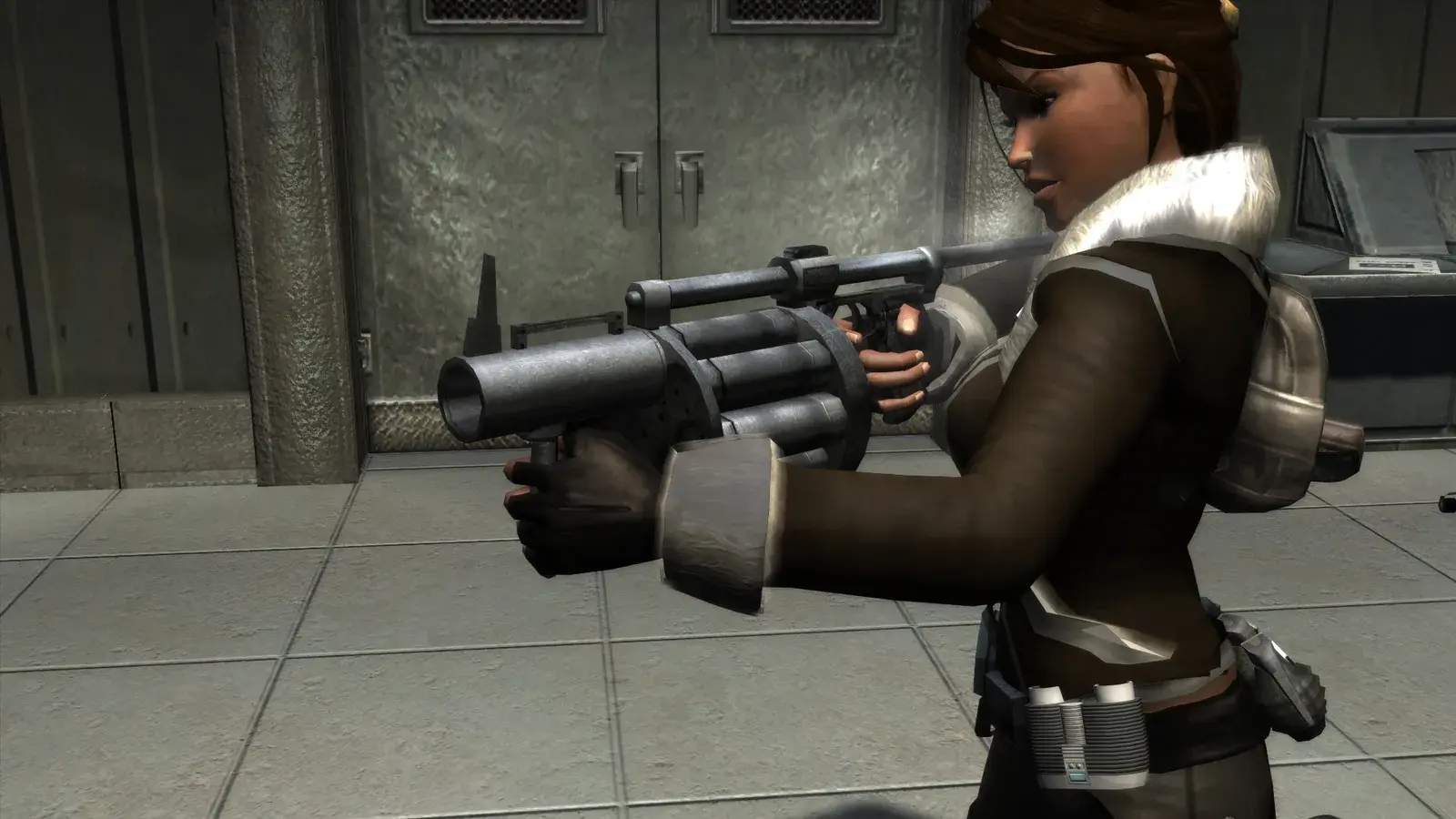 Lara Croft holding the RG-6-style Grenade Launcher in Tomb Raider Legend