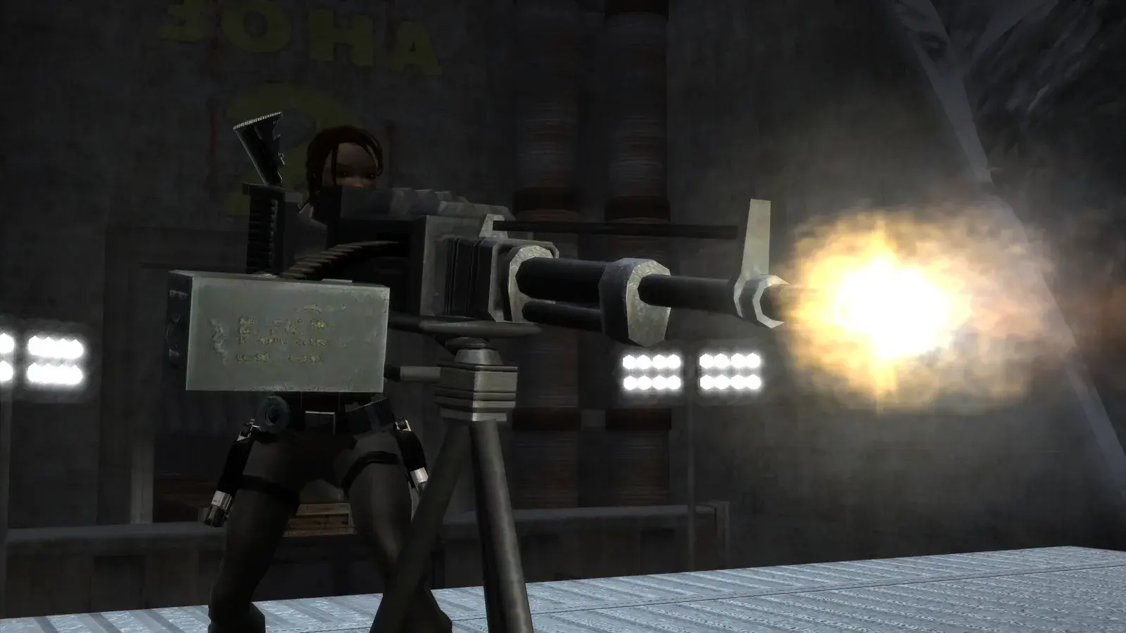 Lara Croft operating the mounted Heavy Machine Gun in Tomb Raider Legend