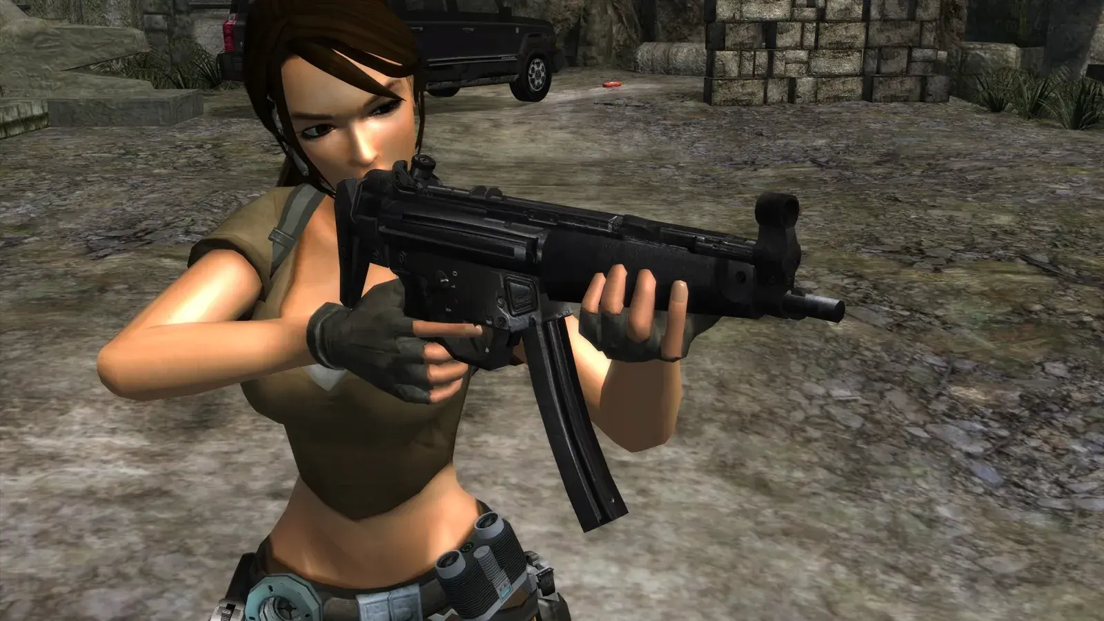 Lara Croft aiming the MG415 submachine gun in Tomb Raider Legend