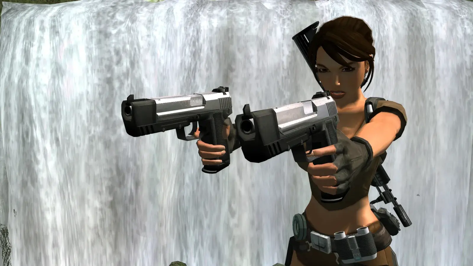 Lara Croft aiming the dual RGP Mach 5 pistols in Tomb Raider Legend
