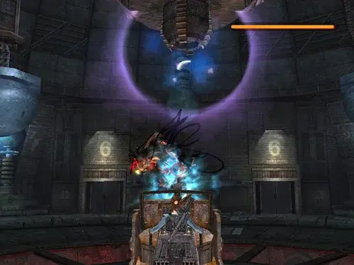 Lara operating the mounted Tesla Gun against the Unknown Entity in Tomb Raider Legend