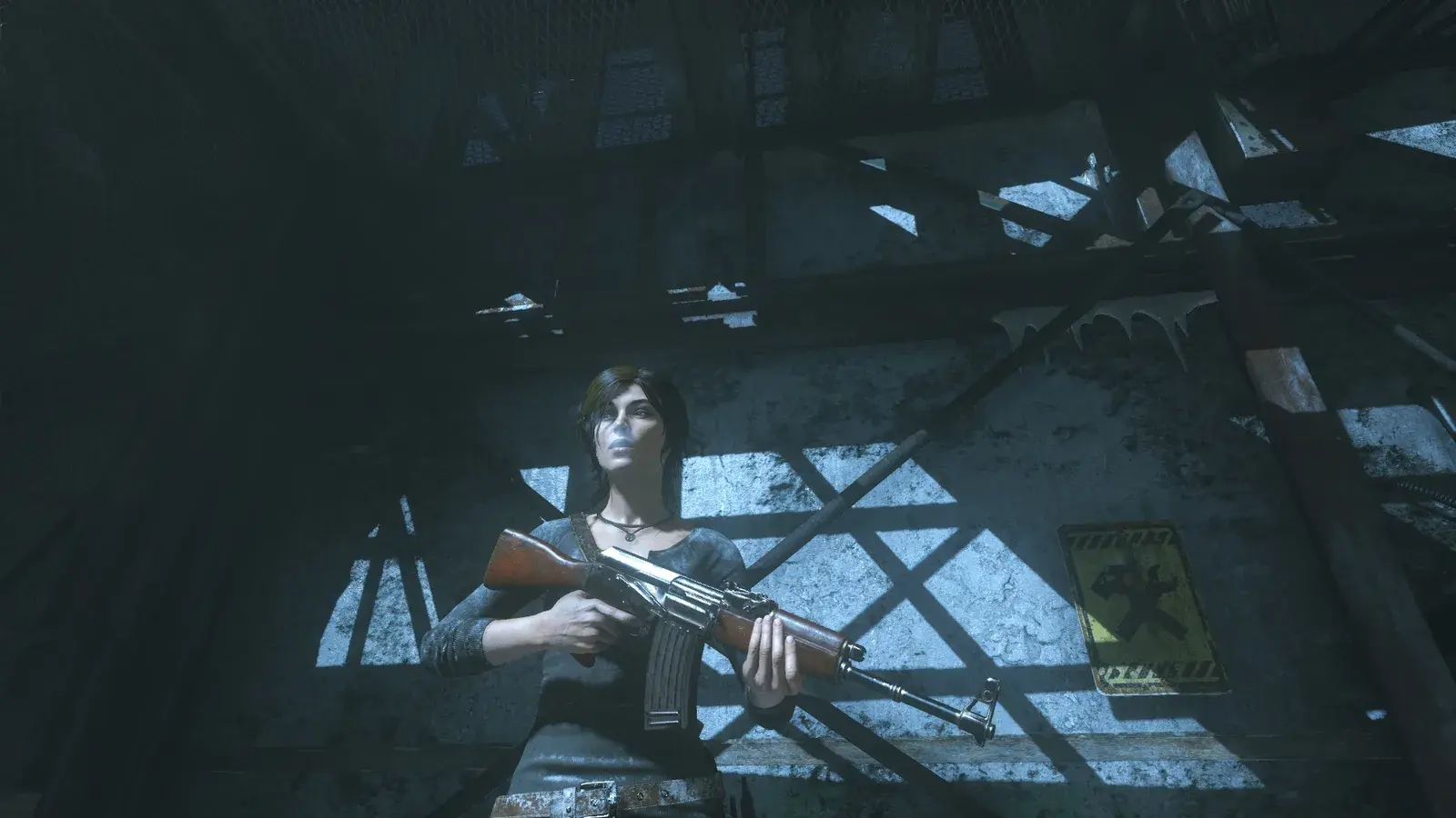 Lara holding the Assault Rifle in Rise of the Tomb Raider