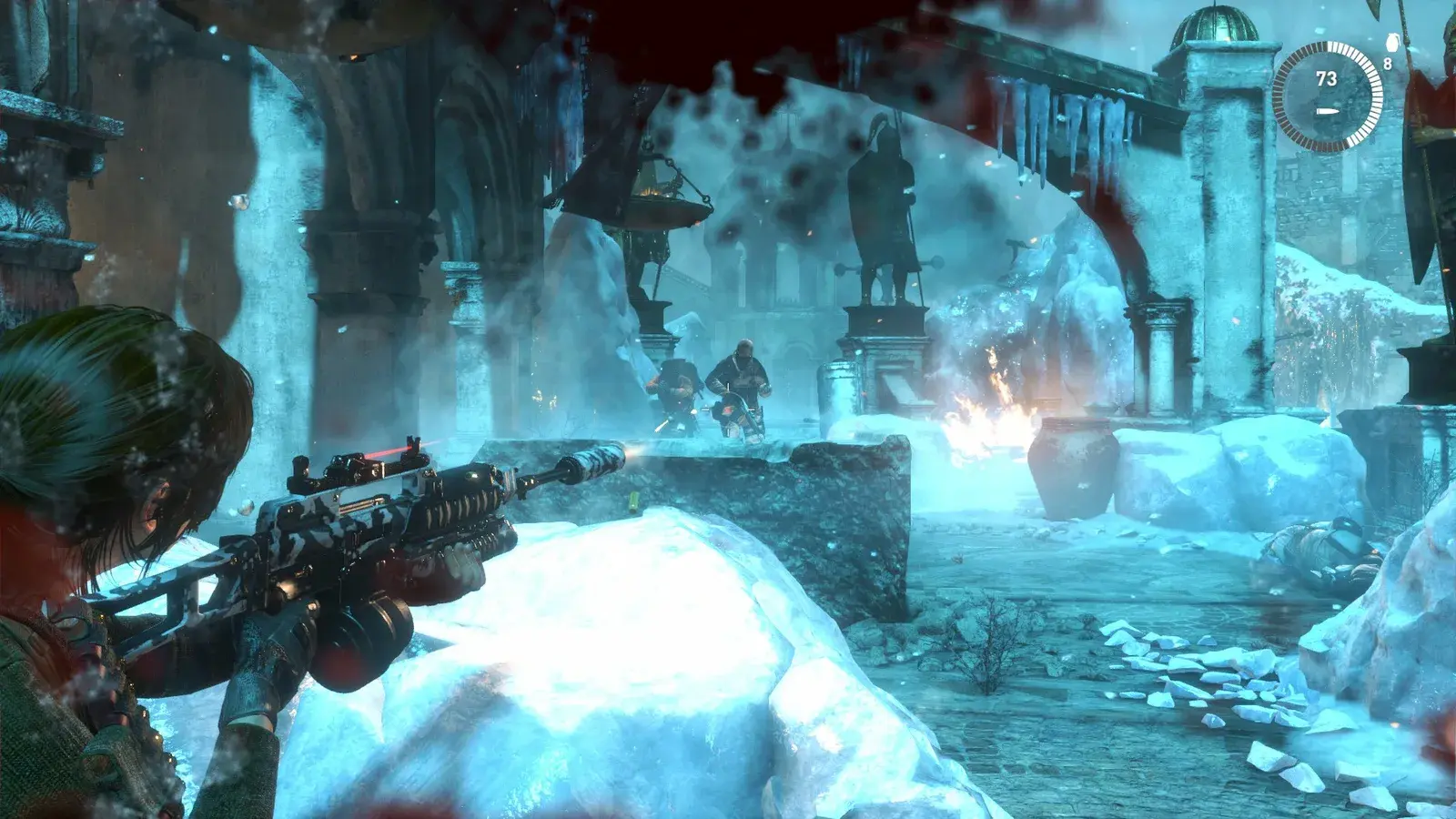 Lara aiming the Snowflake rifle in Rise of the Tomb Raider