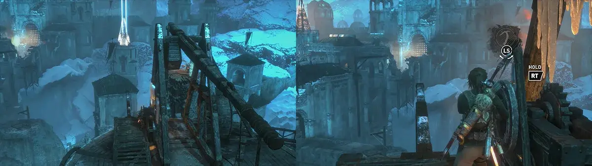 The full Lost City trebuchet and Lara aiming it in Rise of the Tomb Raider