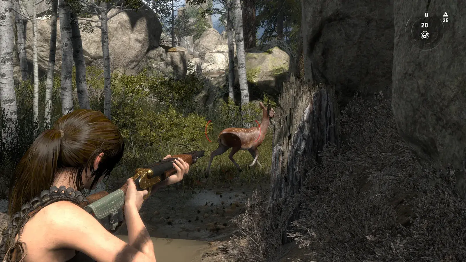 Lara aiming the Voidhammer shotgun in Rise of the Tomb Raider