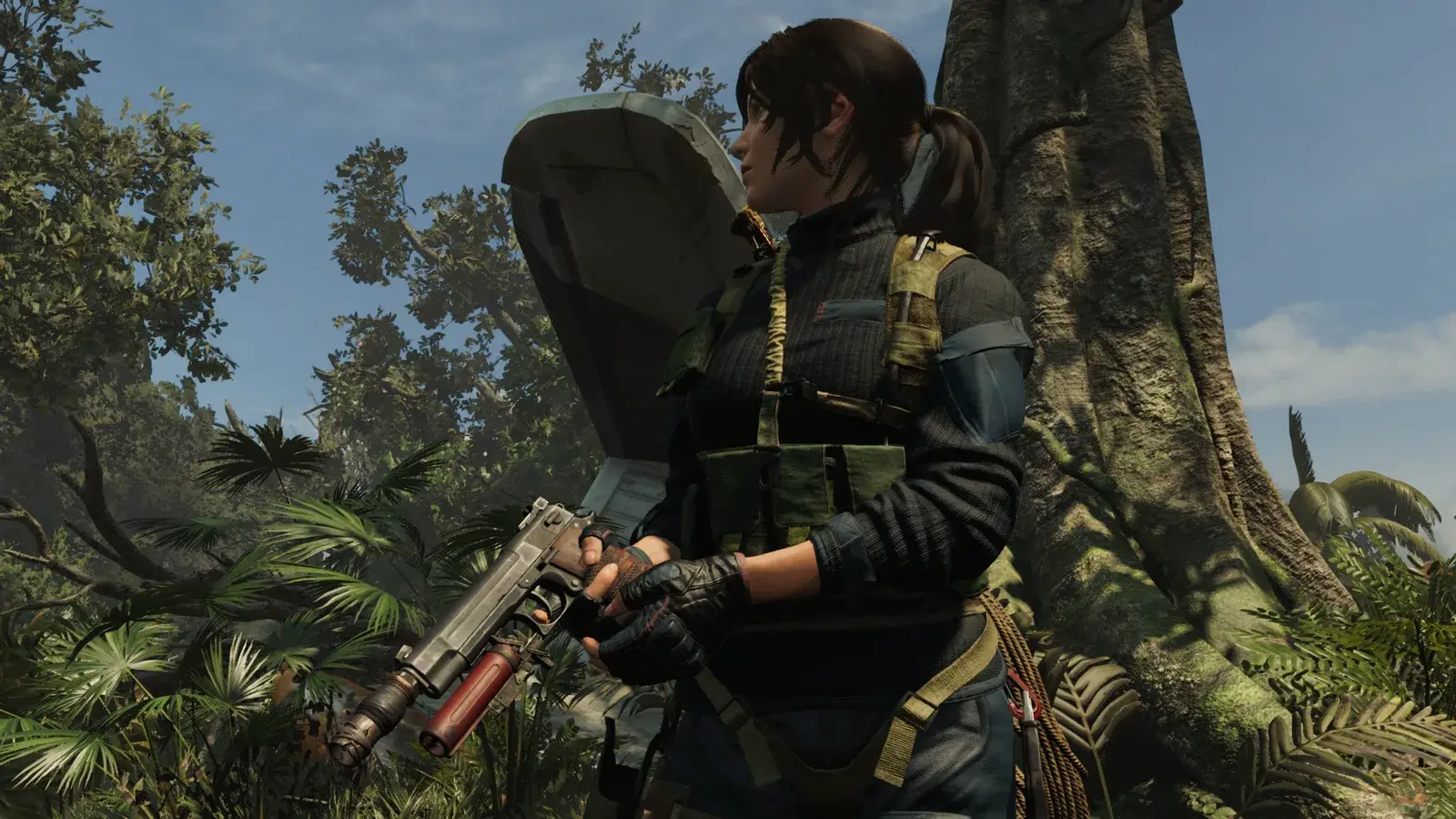Lara holding the AB .45 in Shadow of the Tomb Raider