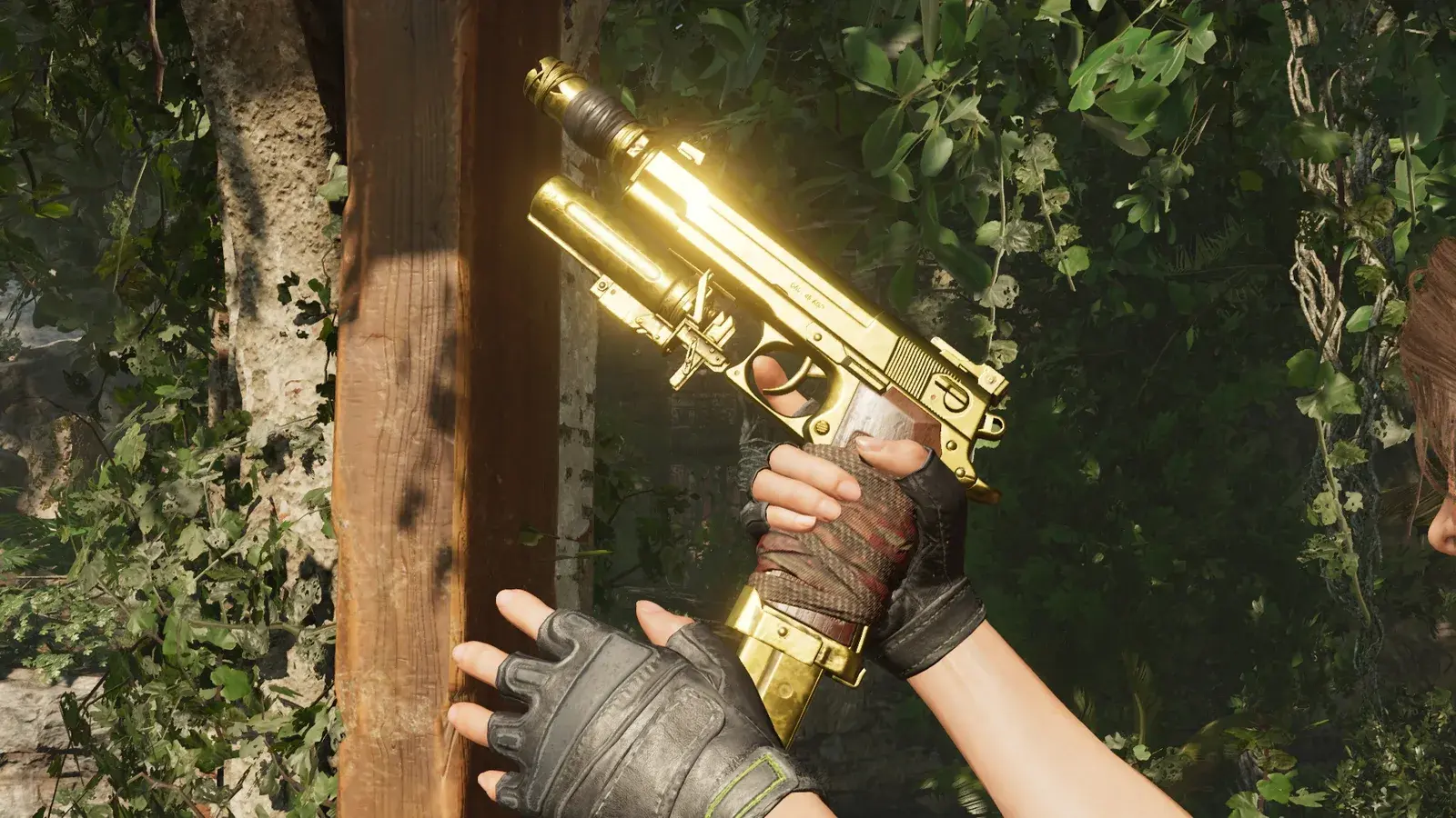 Lara aiming the AB .45 - Gold Edition in Shadow of the Tomb Raider
