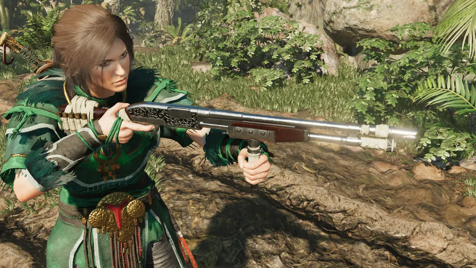 Lara aiming the Bishop 600 - Platinum Edition in Shadow of the Tomb Raider