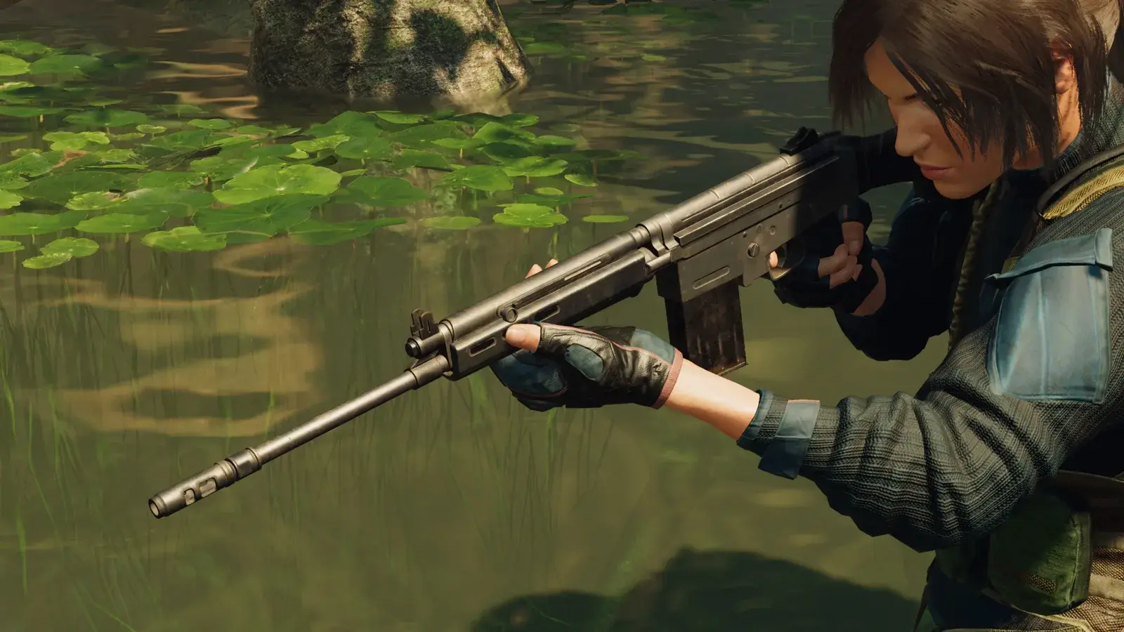 Lara aiming the GF RAL in Shadow of the Tomb Raider