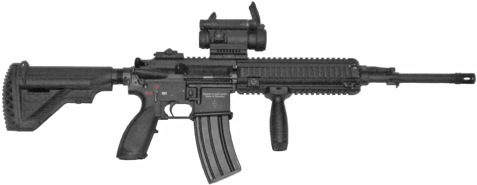 Real HK416, shown only for the quad-rail handguard cues on the fictional Honey Badger-style rifle