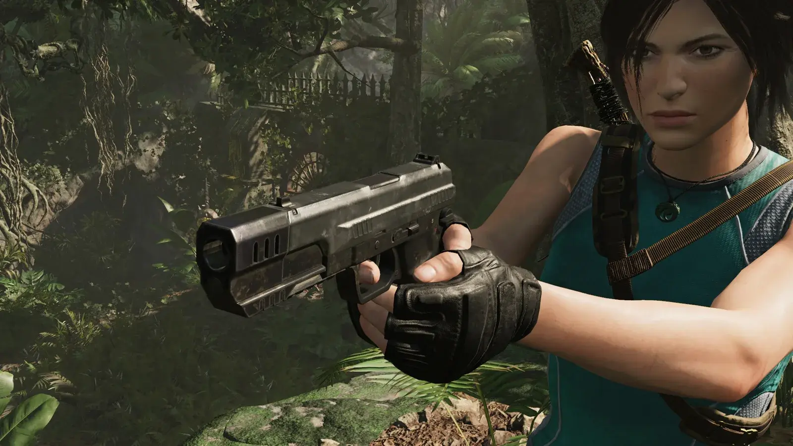 Lara aiming the K&H KAP or Weiss & Wolff pistol in Shadow of the Tomb Raider