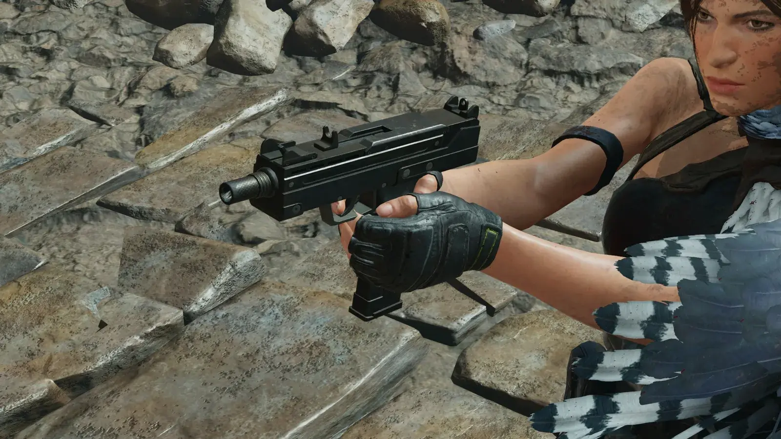 Lara holding the NEP-14 in Shadow of the Tomb Raider