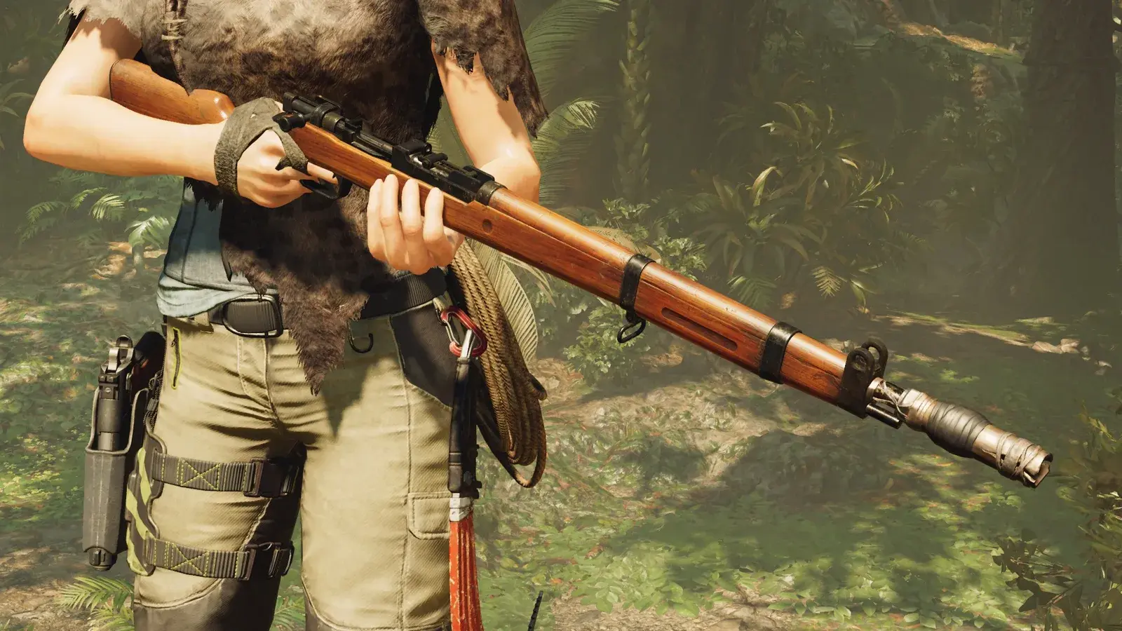 Lara holding the Redding Bolt-Action in Shadow of the Tomb Raider