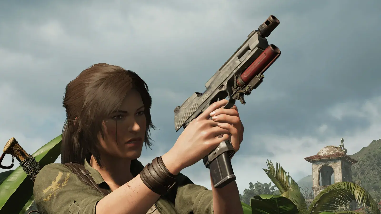 Lara firing the River Hawk in Shadow of the Tomb Raider