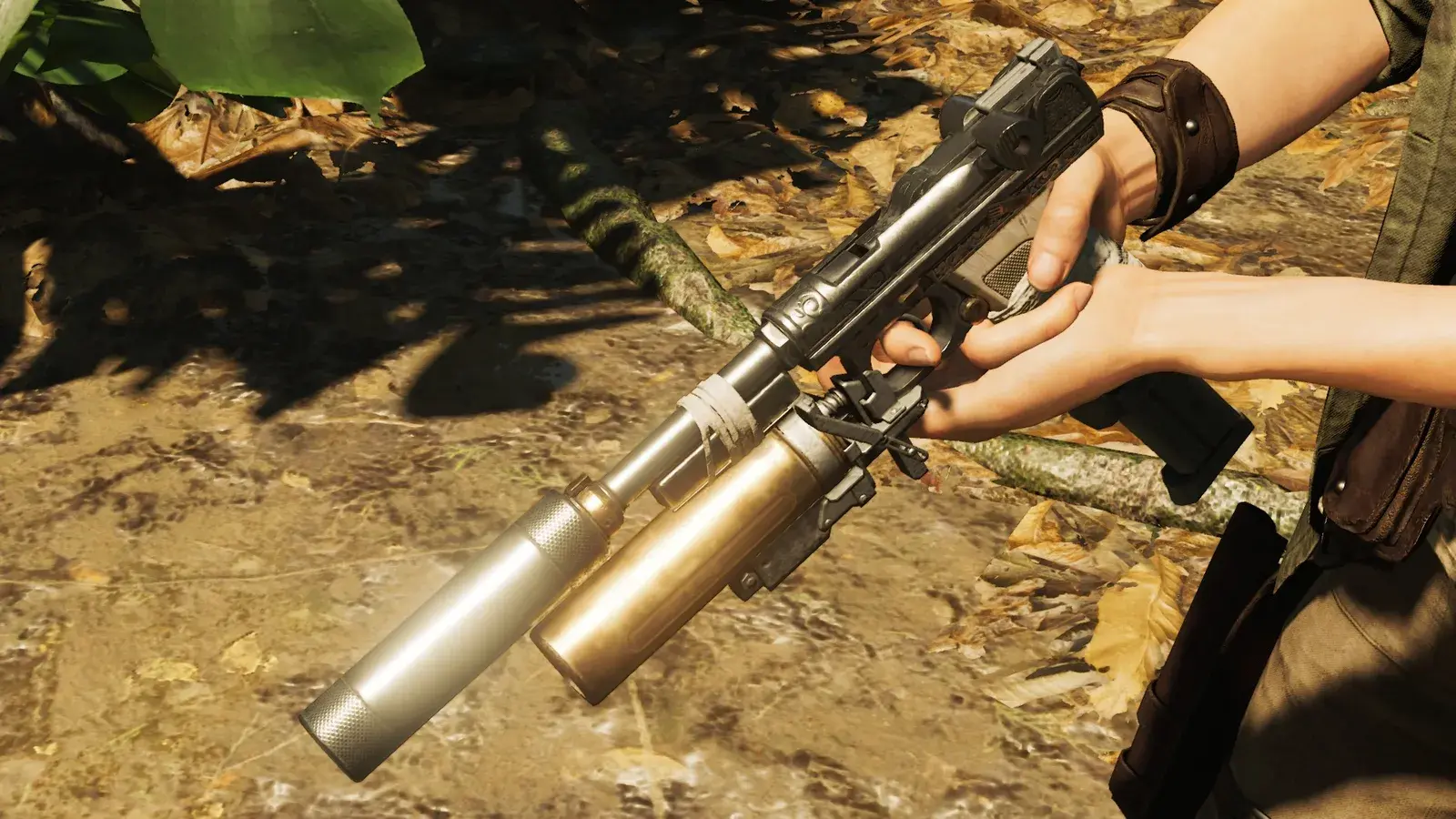 Lara holding the Silent Sting - Scorpion pistol in Shadow of the Tomb Raider
