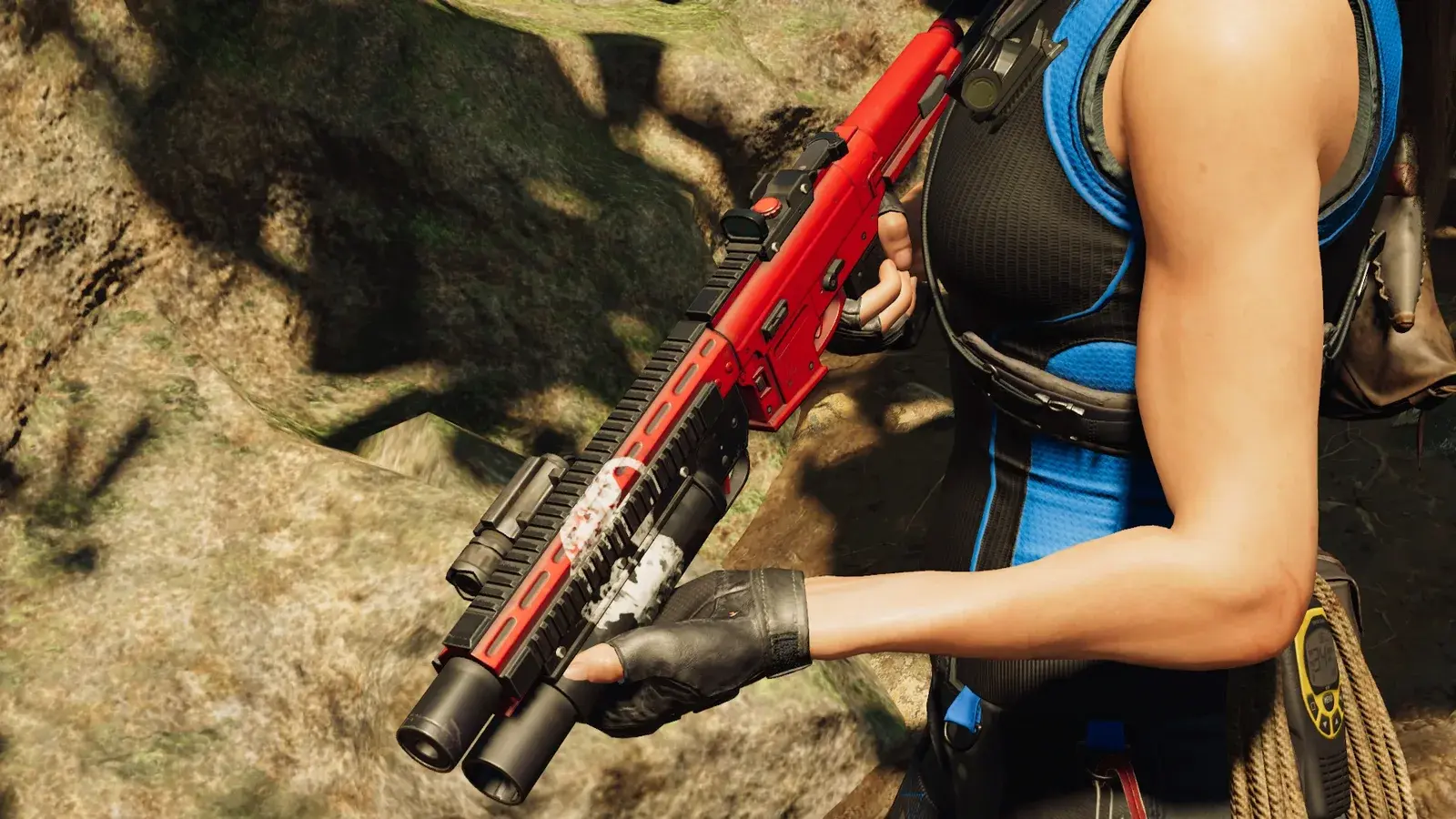 Lara holding the Umbrage 3-80 - Shade rifle in Shadow of the Tomb Raider