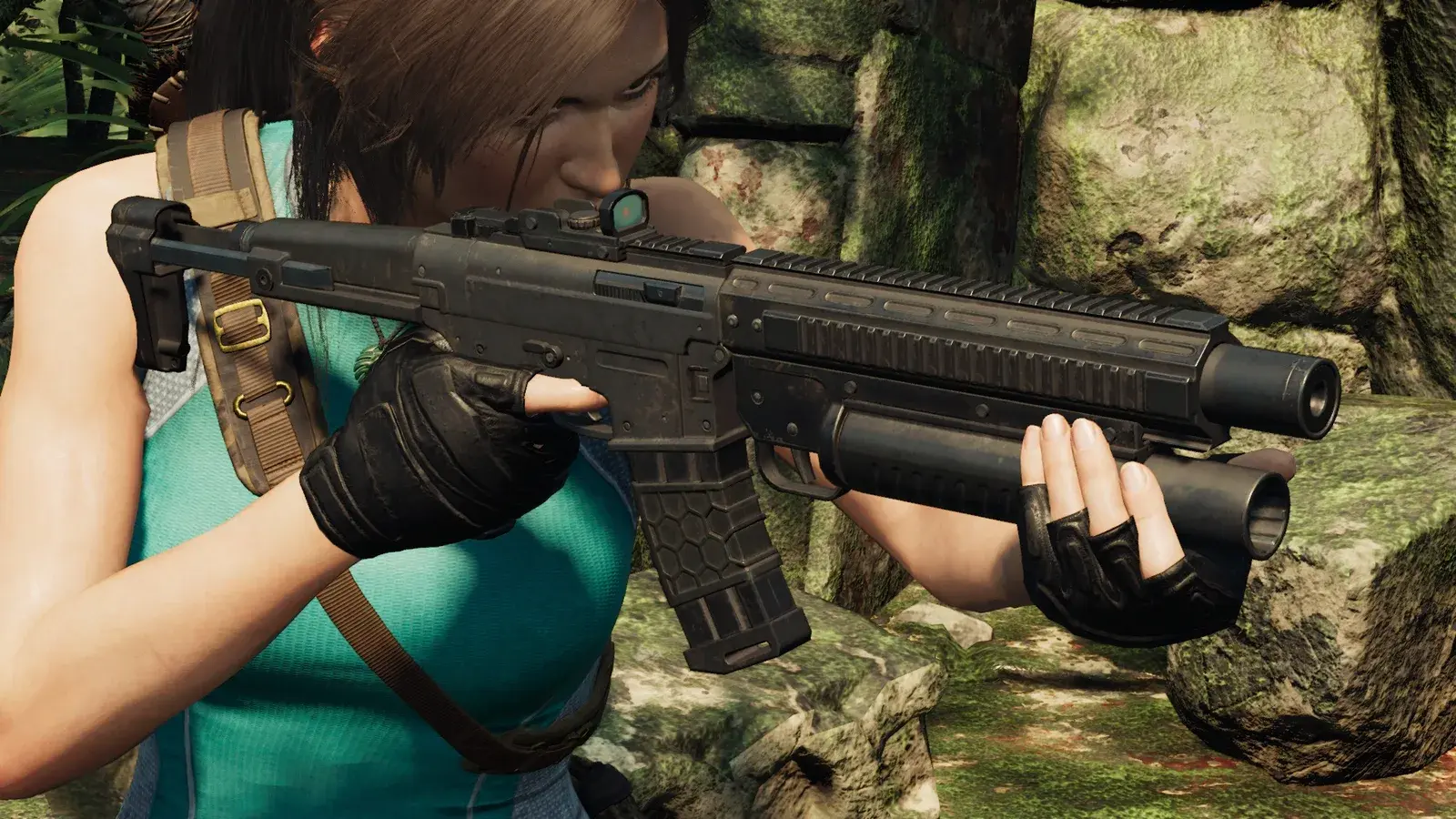 Lara holding the Umbrage 3-80 rifle in Shadow of the Tomb Raider