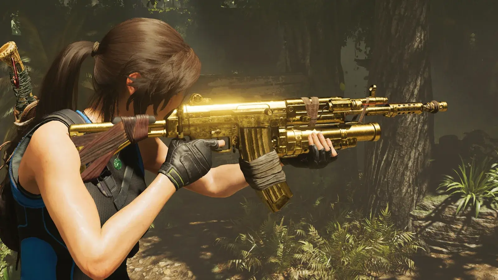 Lara aiming the Vicar Mark II - Gold Edition in Shadow of the Tomb Raider