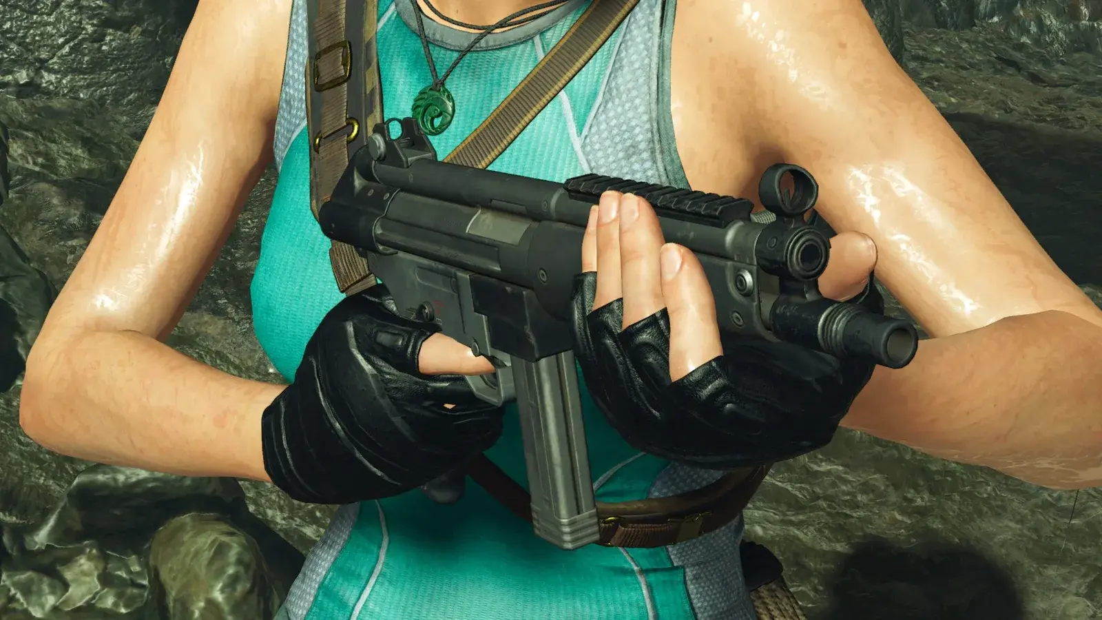 Lara holding the WASP 11 in Shadow of the Tomb Raider
