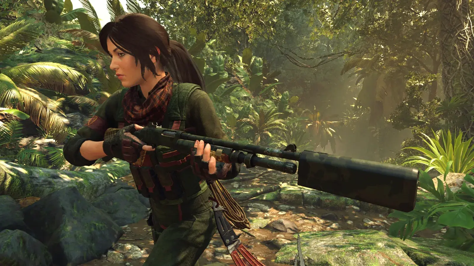 Lara holding the Whispering Scourge - Pandemic shotgun in Shadow of the Tomb Raider