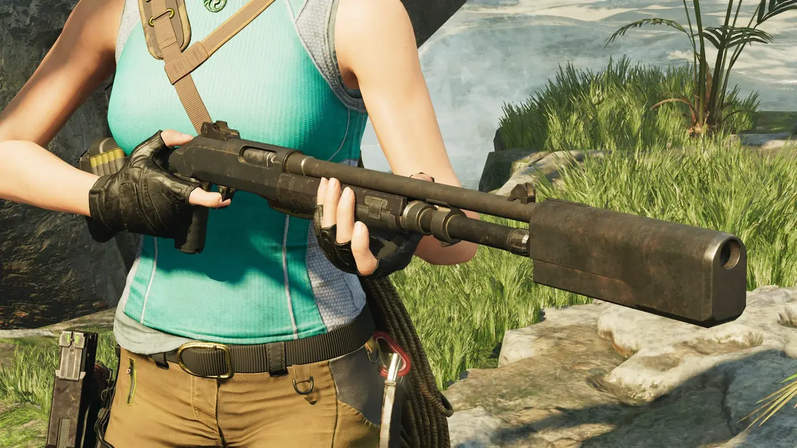 Lara holding the Whispering Scourge in Shadow of the Tomb Raider
