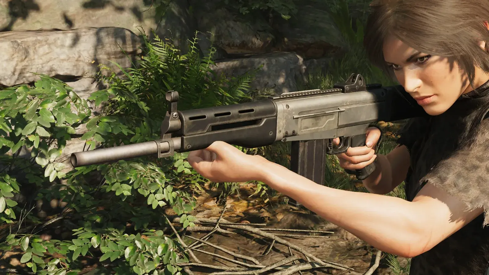 Lara holding the WHWS-16 in Shadow of the Tomb Raider