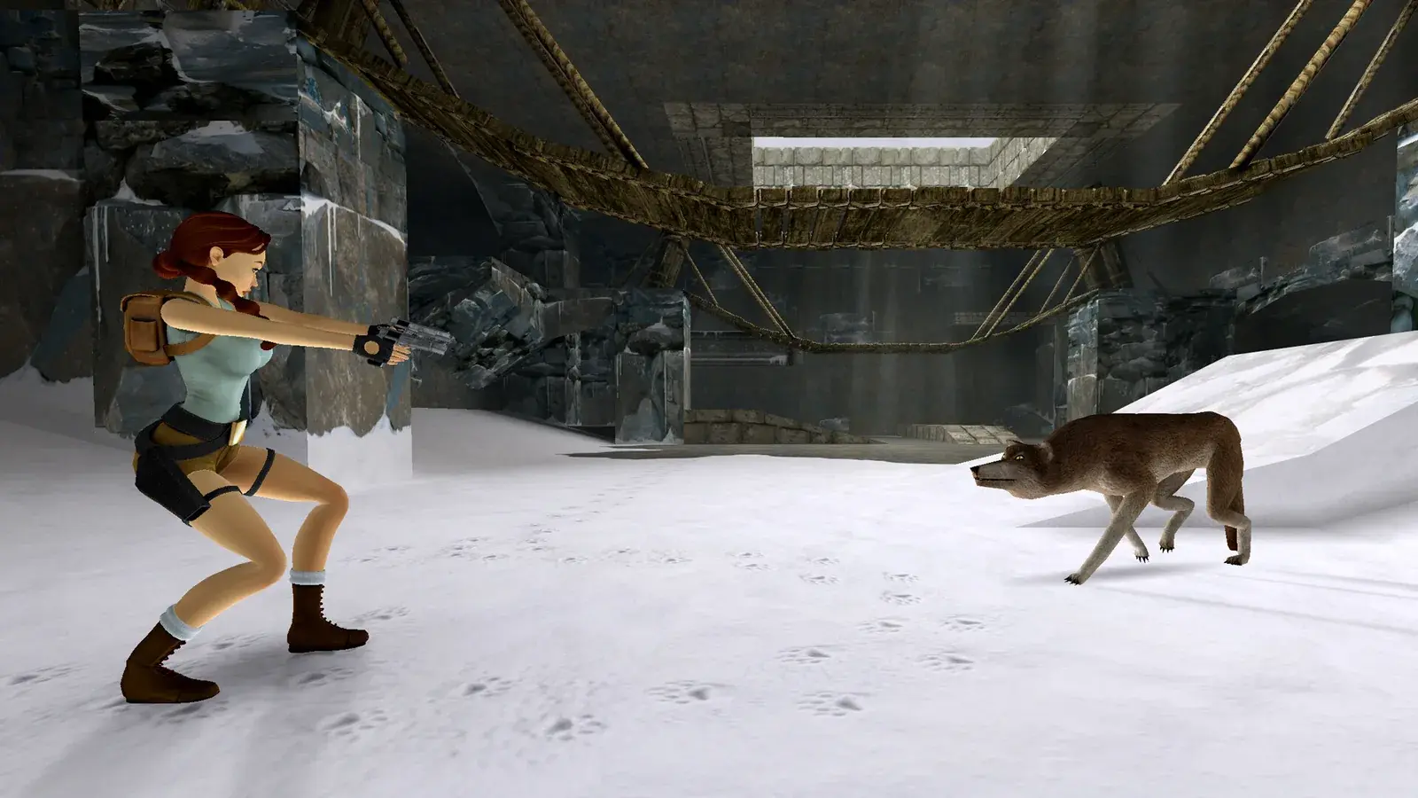 Lara Croft aiming both Pistols in the Tomb Raider I-III Remastered version of Tomb Raider