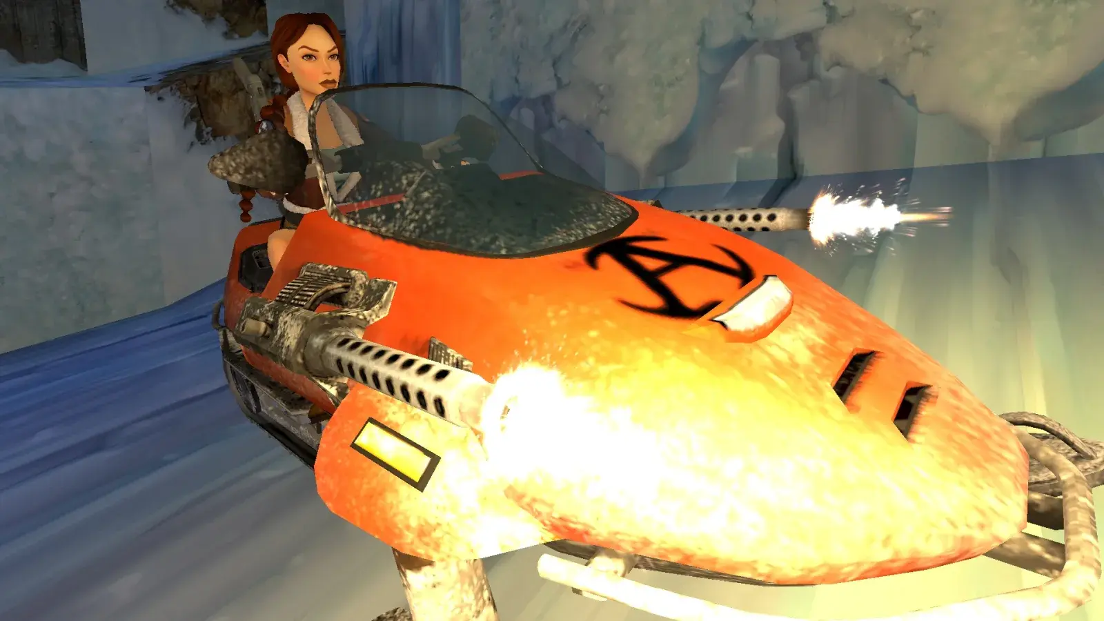 Lara Croft firing both machine guns on an armed snowmobile in Tomb Raider II Remastered