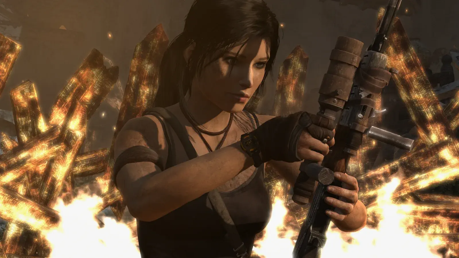 Lara holding the Assault Rifle with grenade launcher in Tomb Raider 2013